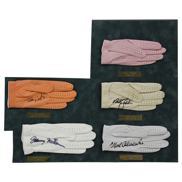 Watson, Norman, Faldo, Miller & Calcavecchia Signed Golf Gloves Matted Display JSA ALOA