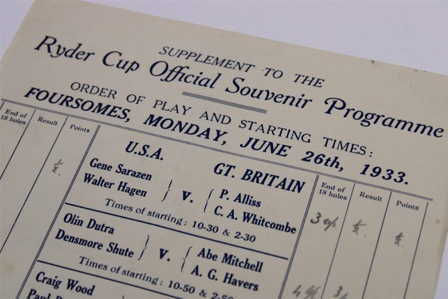 1933 Ryder Cup Monday Order of Play & Start Times - Supplement to Official Program