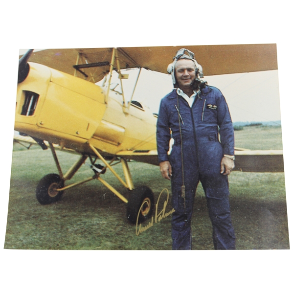 Arnold Palmer Signed 11x14 with Plane In Aviators Suit JSA ALOA