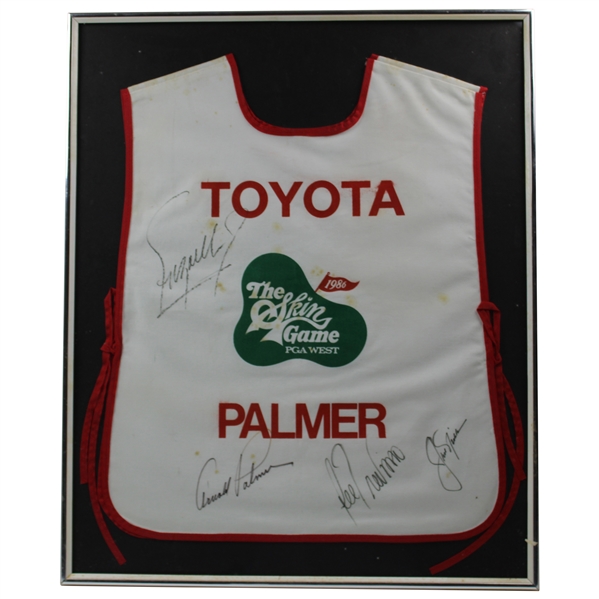 Palmer, Nicklaus, Lee & Fuzzy Signed Palmer 1986 Skins Game Tournament Used Caddy Bib - Framed JSA ALOA