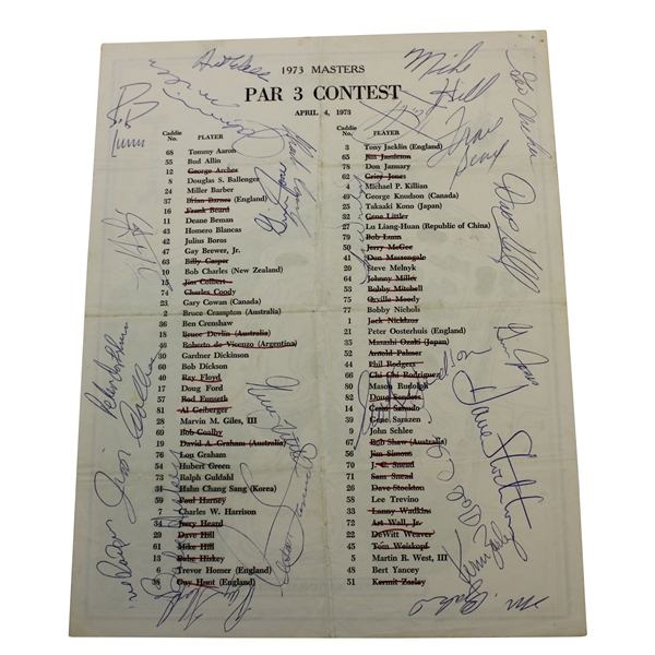 Archer, Wall, Floyd & others Field Signed 1973 Masters Par-3 Contest Sheet JSA ALOA