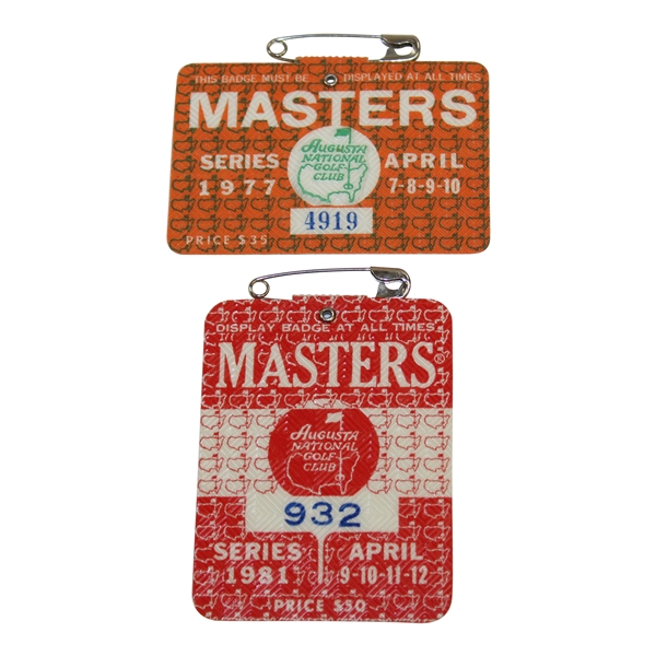 1977 & 1981 Masters Tournament SERIES Badges - #4919 & #932 - Tom Watson Winner