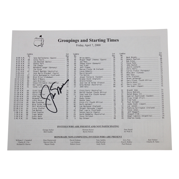 Jack Nicklaus Signed 2000 Masters Pairings Sheet JSA ALOA