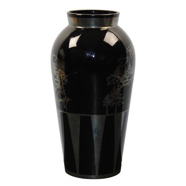Large Vase Sterling Overlay on Black Glass 19th Hole - Impressive