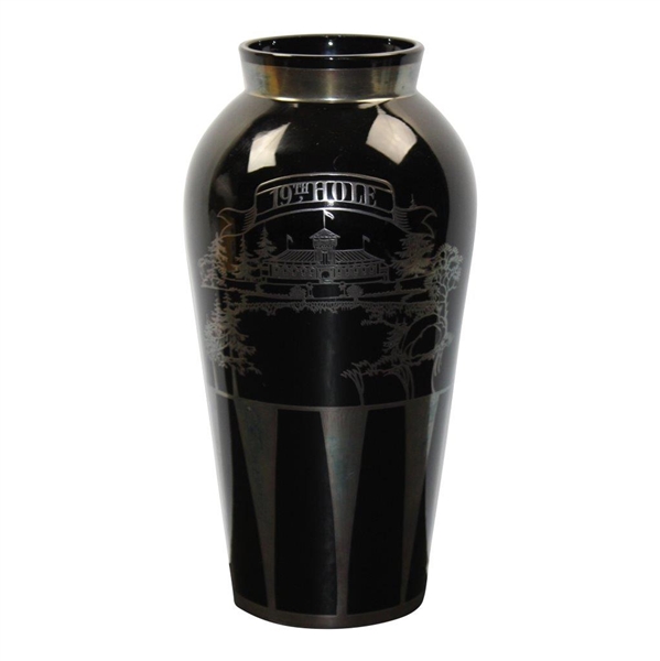 Large Vase Sterling Overlay on Black Glass 19th Hole - Impressive