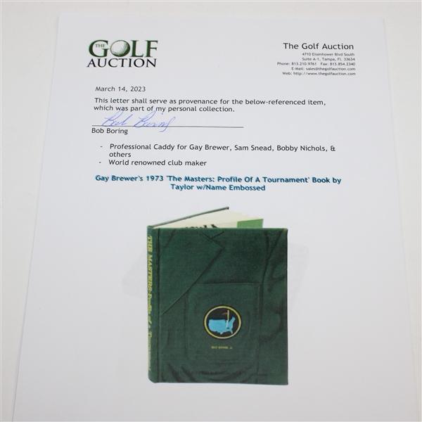 Gay Brewer's 1973 'The Masters: Profile Of A Tournament' Book by Taylor w/Name Embossed