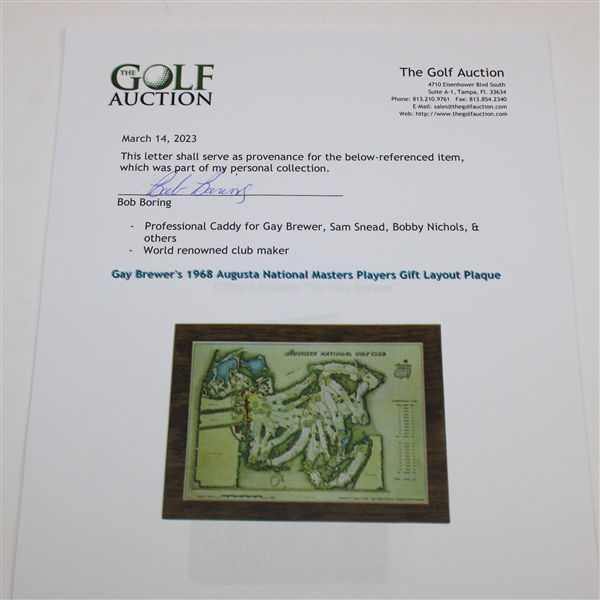 Gay Brewer's 1968 Augusta National Masters Players Gift Layout Plaque 