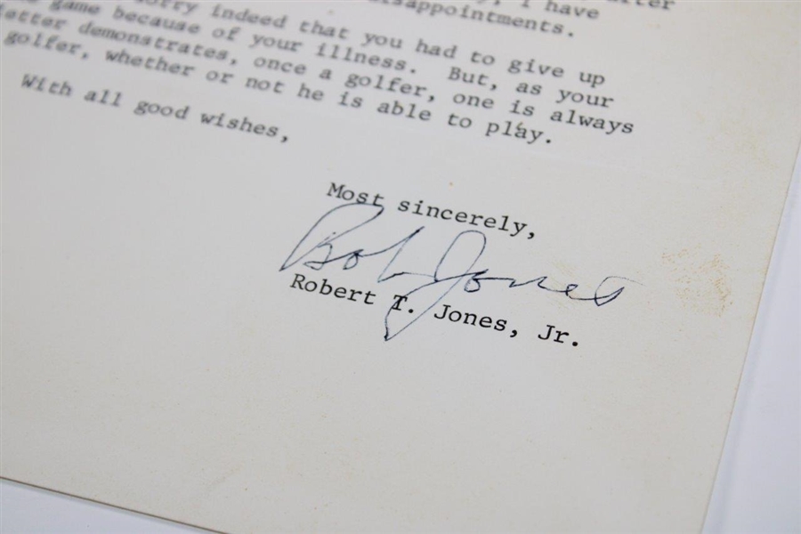 Bobby Jones Signed 1969 Letter with Very Significant Masters Tournament Disability Content JSA ALOA