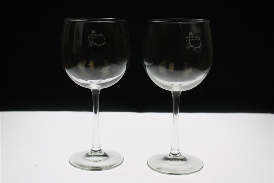 Pair of Classic Masters Tournament Logo Red Wine Stem Glasses - One Has Crack