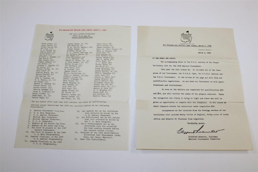 Ed Furgol's 1948 The Masters Tournament Augusta Press + Radio w/Players List - 2 Pages