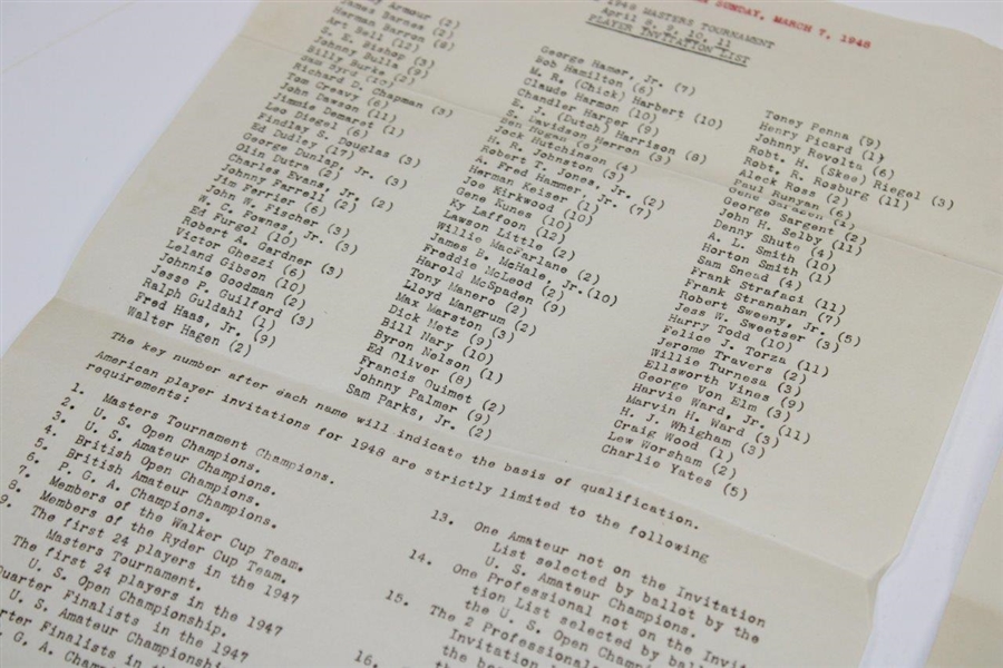Ed Furgol's 1948 The Masters Tournament Augusta Press + Radio w/Players List - 2 Pages