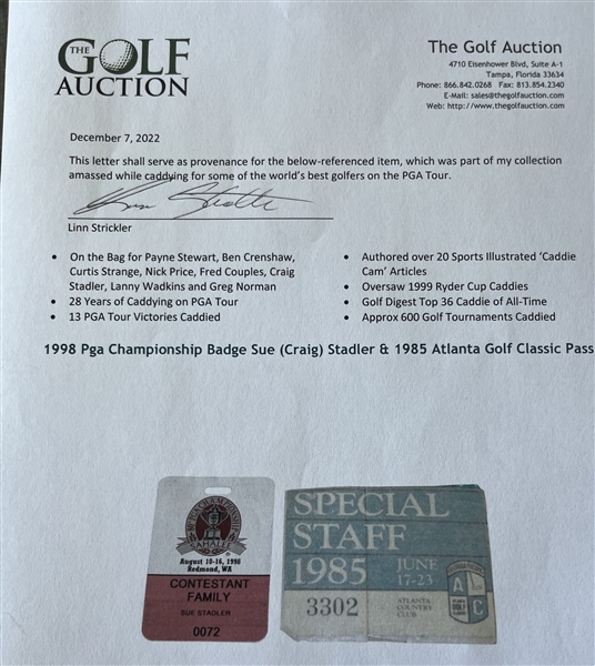 1998 PGA Championship Badge Sue (Craig) Stadler & 1985 Atlanta Golf Classic Pass
