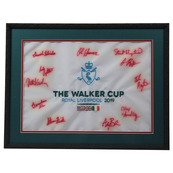 2019 US Team at Royal Liverpool Signed Walker Cup Embroidered Flag - Framed JSA ALOA