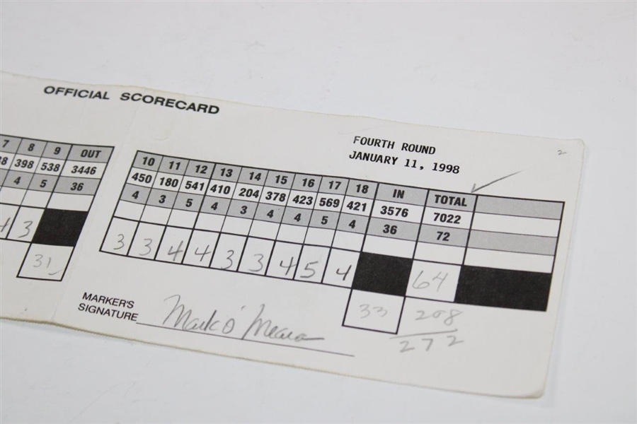 Def. Champ Tiger Woods' Runner-Up 1998 Mercedes Championships Official Final Rd Scorecard JSA ALOA
