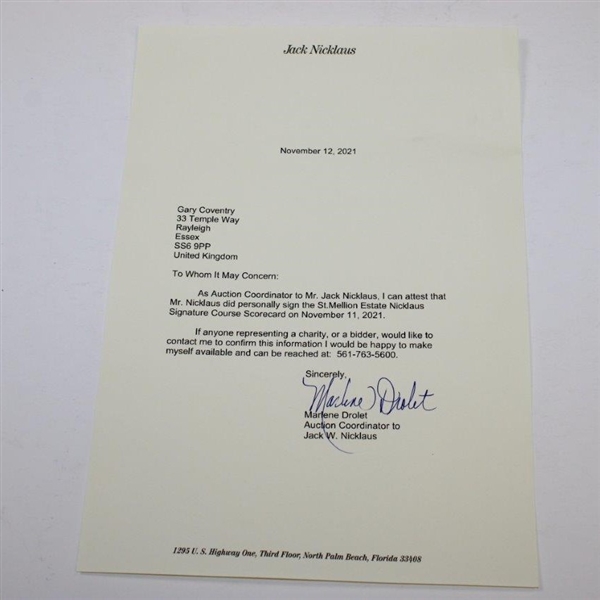 Jack Nicklaus Signed St. Mellion Estate Nicklaus Signature Course Scorecard with Letter - JSA ALOA