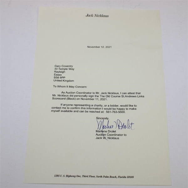 Jack Nicklaus Signed The Old Course St. Andrews Links Scorecard (Black) with Letter - JSA ALOA