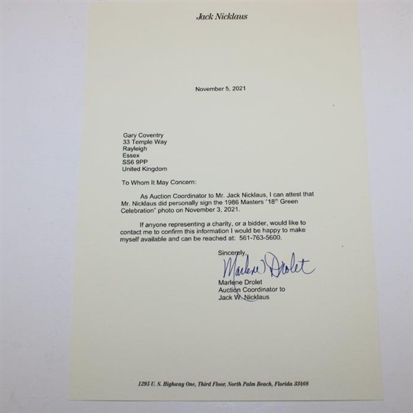 Jack Nicklaus Signed 1986 Masters '18th Green Celebration' Photo with Letter - JSA ALOA