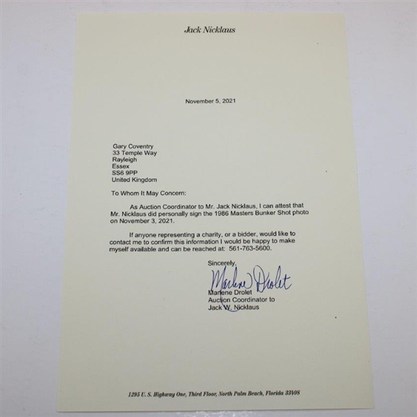 Jack Nicklaus Signed 1986 Masters Bunker Shot Photo with Letter - JSA ALOA