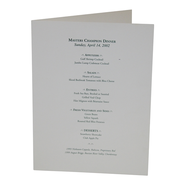 2002 Masters Champion Dinner Menu - Night of Victory for Tiger Woods