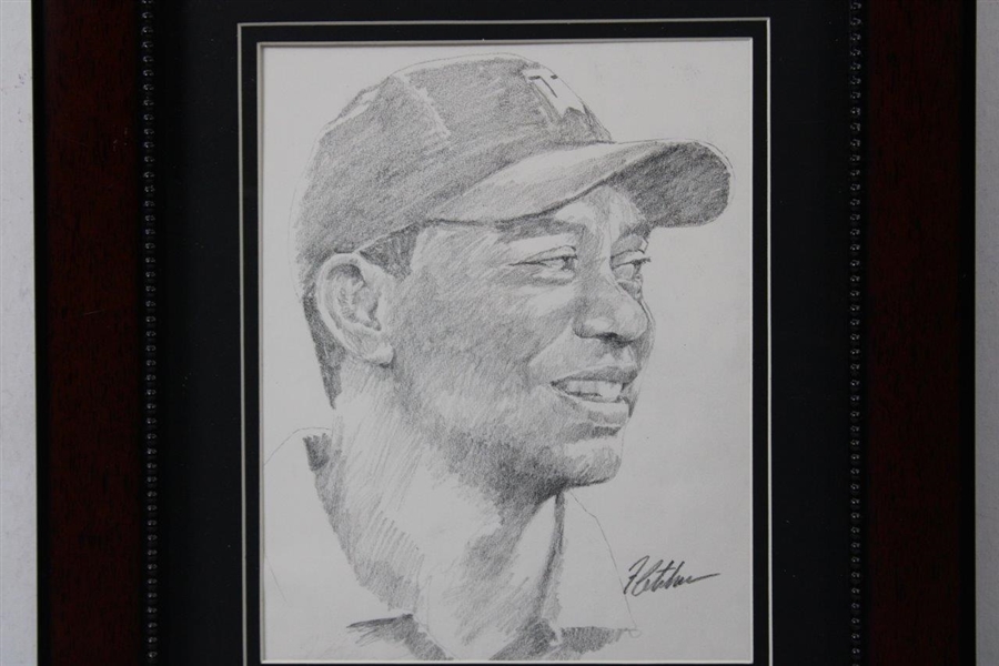 Tiger Woods Original Portrait Pencil Sketch Signed by Artist Robert Fletcher - Framed 