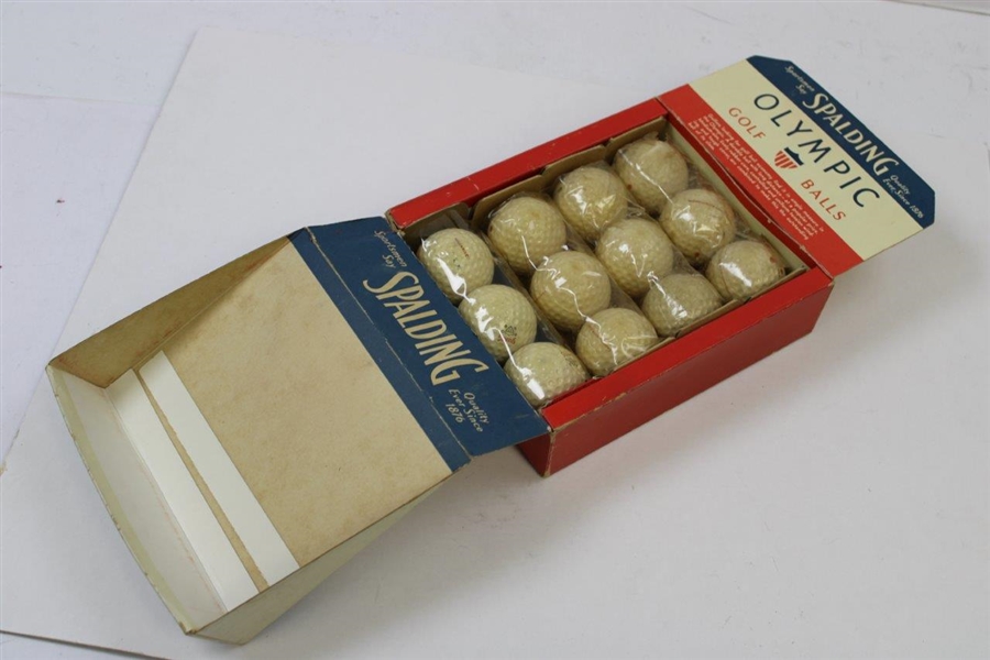 1943 Dozen (12) Wrapped Spalding Olympic Golf Balls in Fold Up/Out Display Box