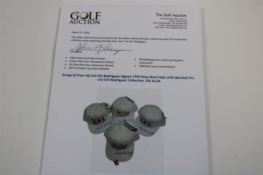 Group of Four (4) Chi-Chi Rodriguez Signed 1995 Rose Bowl Hats with Marshall Pin - Chi-Chi Rodriguez Collection JSA ALOA