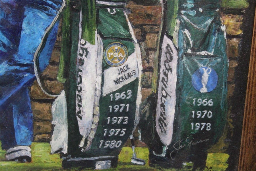Jack Nicklaus Signed Major Victories Golf Bags Painting Print on Canvas - Framed JSA ALOA