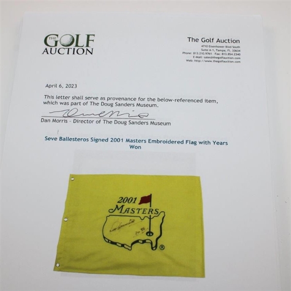 Seve Ballesteros Signed 2001 Masters Embroidered Flag with Years Won JSA ALOA