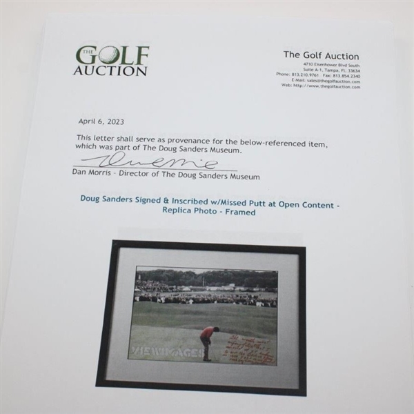 Doug Sanders Signed & Inscribed w/Missed Putt at Open Content - Replica Photo - Framed JSA ALOA