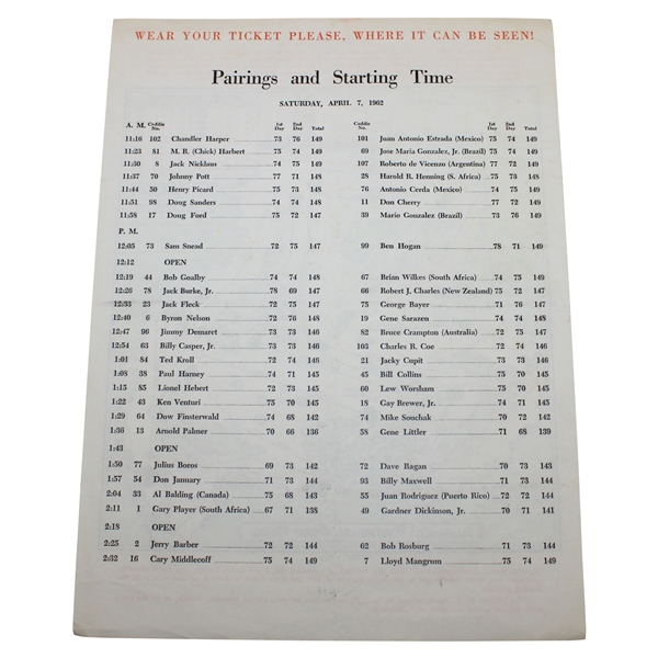 1962 Masters Tournament Saturday Pairing Sheet - Arnold Palmer's 3rd Masters Win