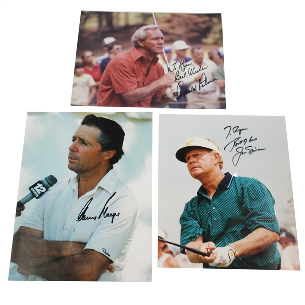 Palmer, Nicklaus & Player 'Big 3' Signed 8x10 Photo with Two (2) Personalized JSA ALOA