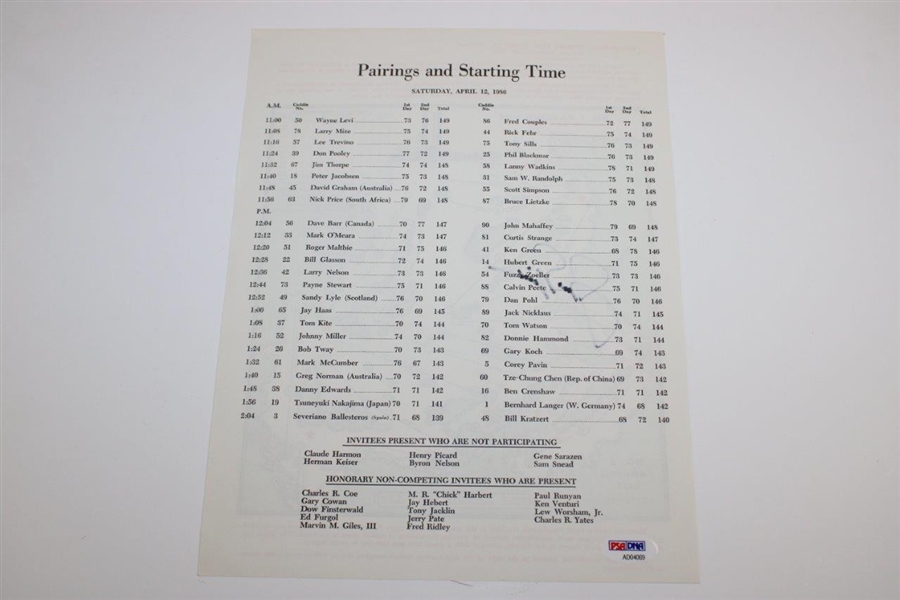 Jack Nicklaus Signed 1986 Masters Saturday Pairing Sheet PSA FULL #AD04069