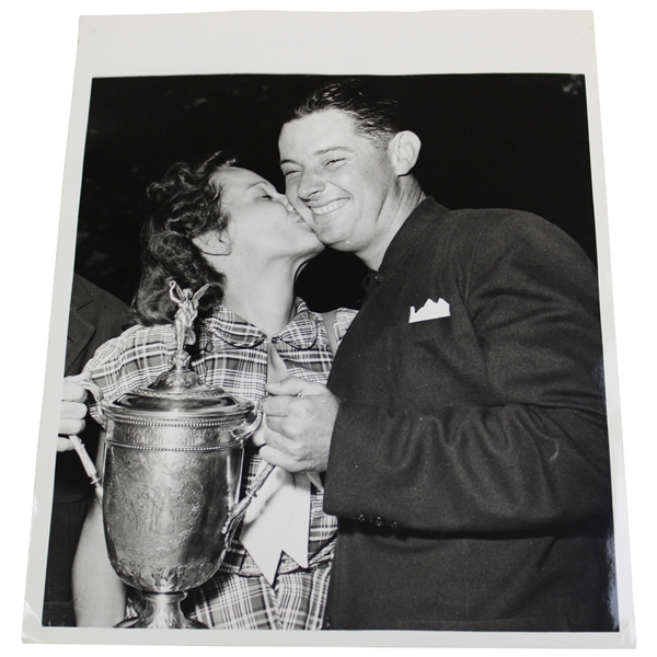 Cary Middlecoff Getting a Kiss Holding The US Open Trophy