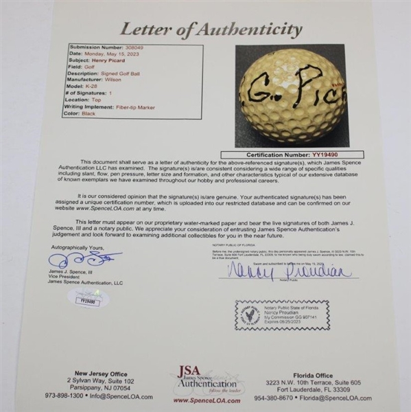 Henry 'H.G.' Picard Signed Wilson K-28 Logo Golf Ball JSA #YY19490