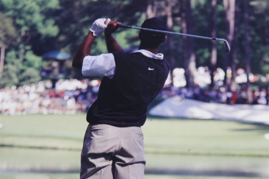 Tiger Woods Signed & Personalized 1997 Masters Par 3 Contest Tee-Shot Photo to Caddie Wayne Beck JSA ALOA