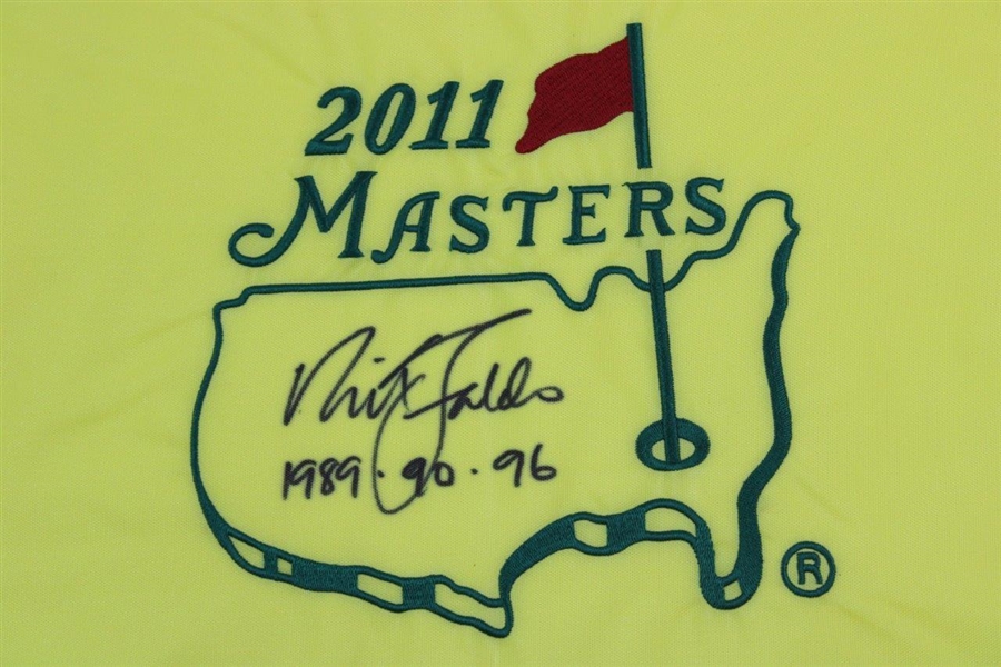 Nick Faldo Signed 2011 Masters Embroidered Flag with '1989-90-96' JSA ALOA
