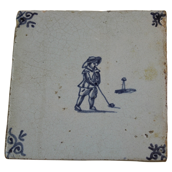 Original Delft tile 5 ¼” x 5 ¼” of a Colf player +/- from 1650 - 1700