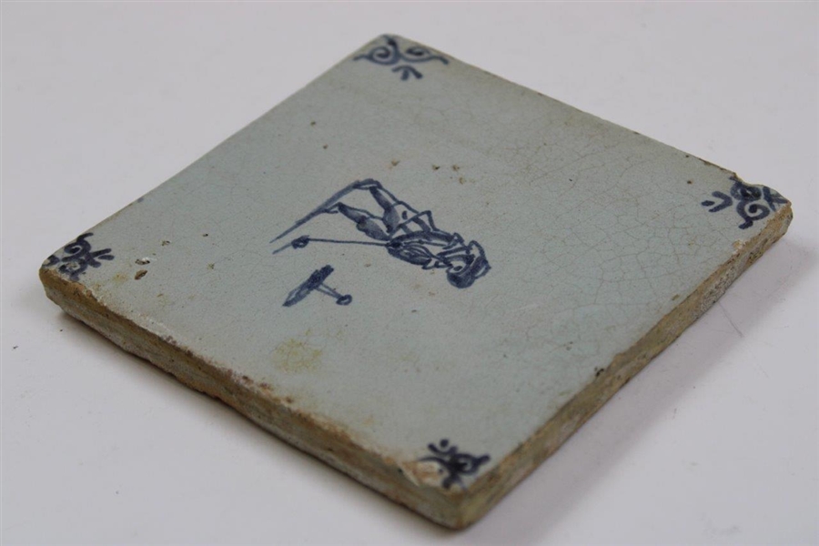 Original Delft tile 5 ¼” x 5 ¼” of a Colf player +/- from 1650 - 1700