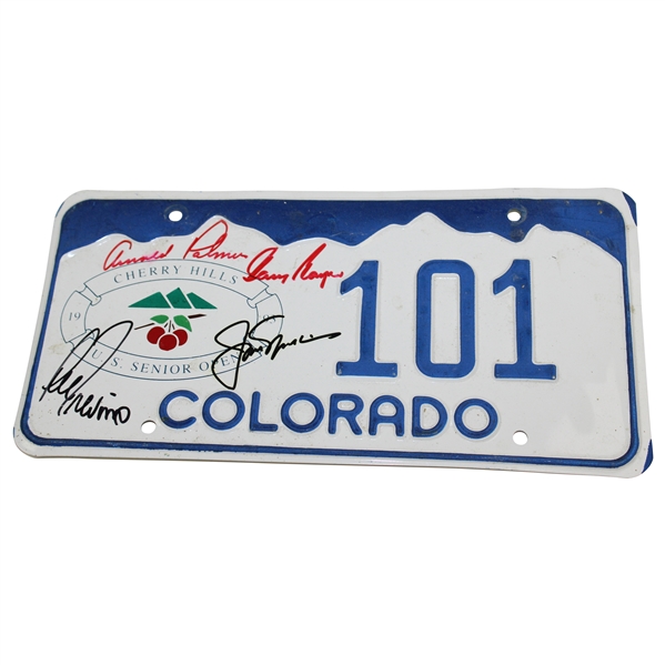 Nicklaus Palmer Player Trevino Signed 1993 US Senior Open Colorado License Plate JSA ALOA