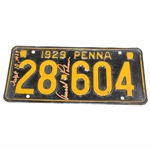 Arnold Palmer Signed 1929 Pennsylvania License Plate With Sept 10 1929  Birth Inscription JSA ALOA