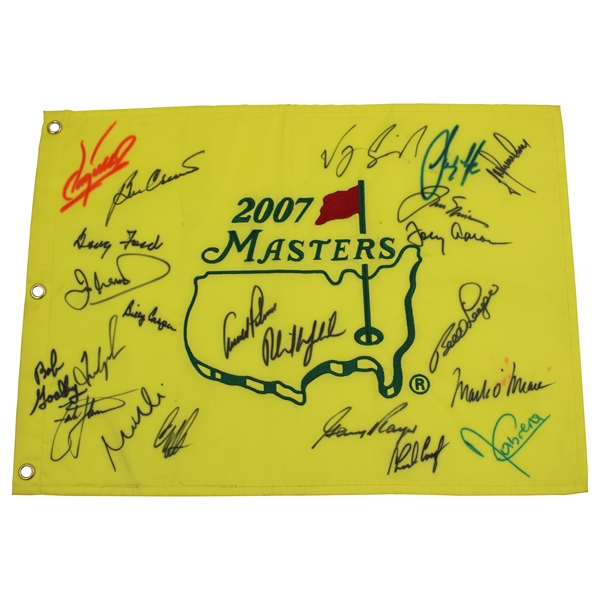 Big' 3 Palmer, Nicklaus & Player w/19 others Signed 2007 Masters Embroidered Flag JSA ALOA