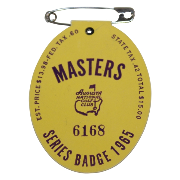 1965 Masters Tournament Series Badge #6168 - Jack Nicklaus Win