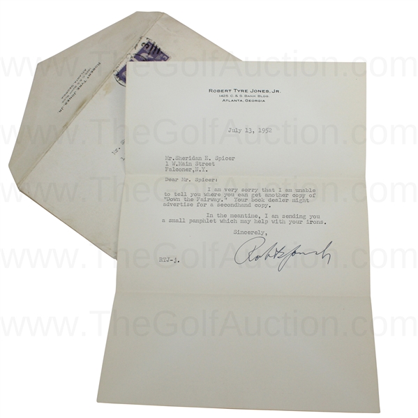 Bobby Jones Signed 1952 Letter to Fan 'Down the Fairway' Content on Letterhead JSA ALOA