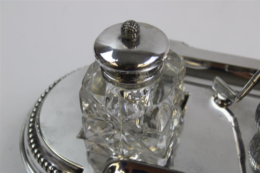 1899 Golf Themed Mappin & Webb Silver Plated Ink Stand w/Two Cut Glass Bottles