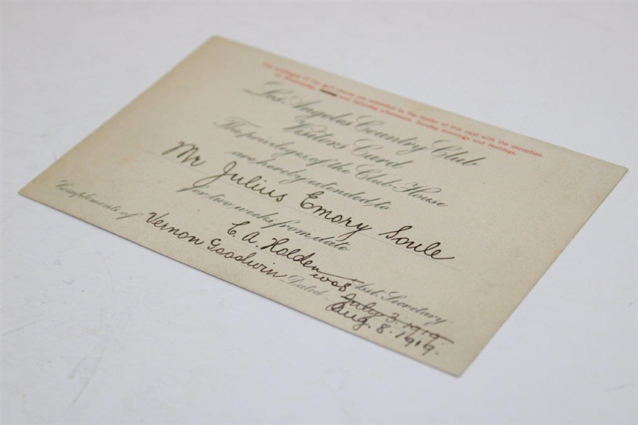 1919 Los Angeles Country Club Visitors Card - Privilege of the Clubhouse