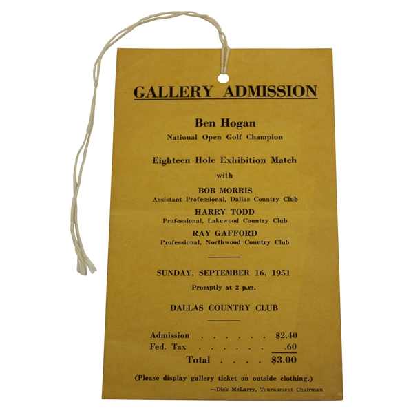 1951 Ben Hogan 'National Open Champion' Exhibition Golf Match Ticket - Dallas Country Club