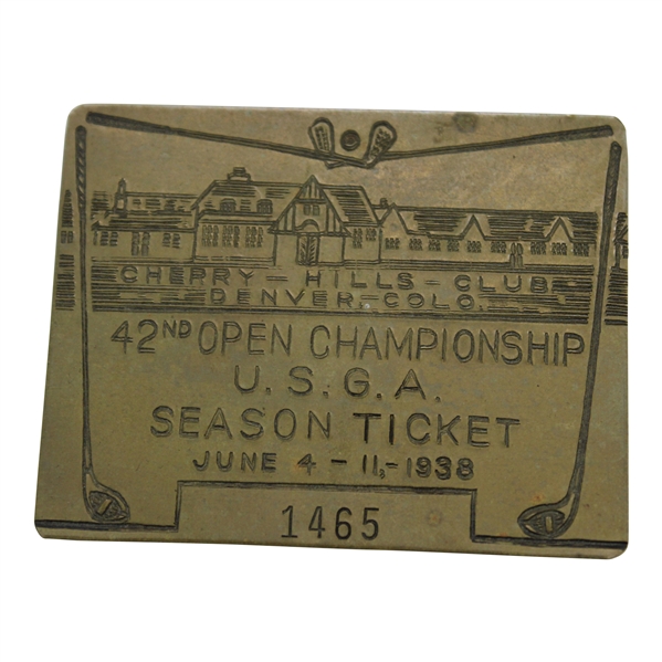 1938 US Open at Cherry Hills Tournament Brass Badge #1465 - Ralph Guldahl Champion