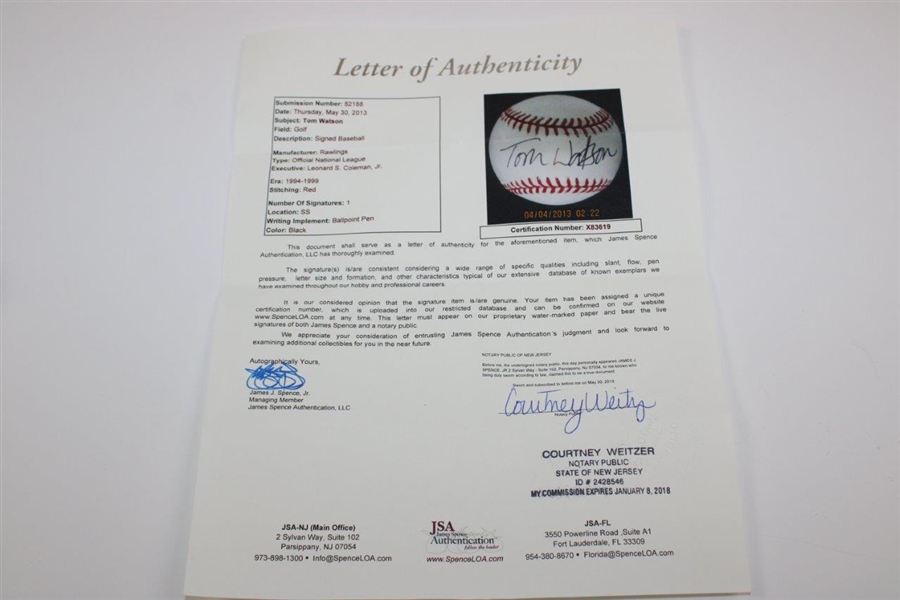 Tom Watson Signed Official Rawlings Baseball JSA Full #X83619