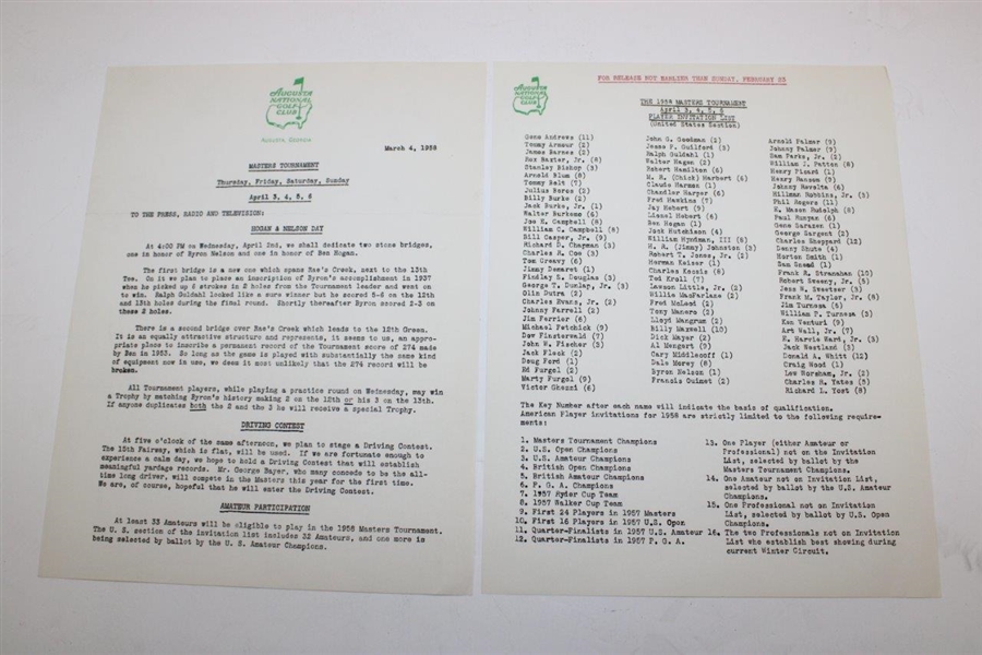 1958 Masters Press, Radio & TV Broadcast ANGC w/ 'Hogan & Nelson Day' Release Packet