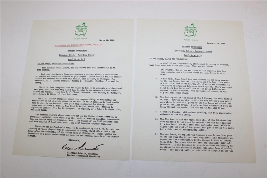 1958 Masters Press, Radio & TV Broadcast ANGC w/ 'Hogan & Nelson Day' Release Packet